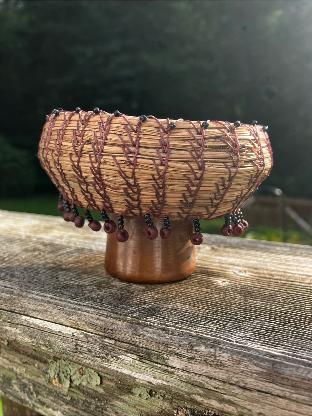 Beaded pine needle basket cup handmade